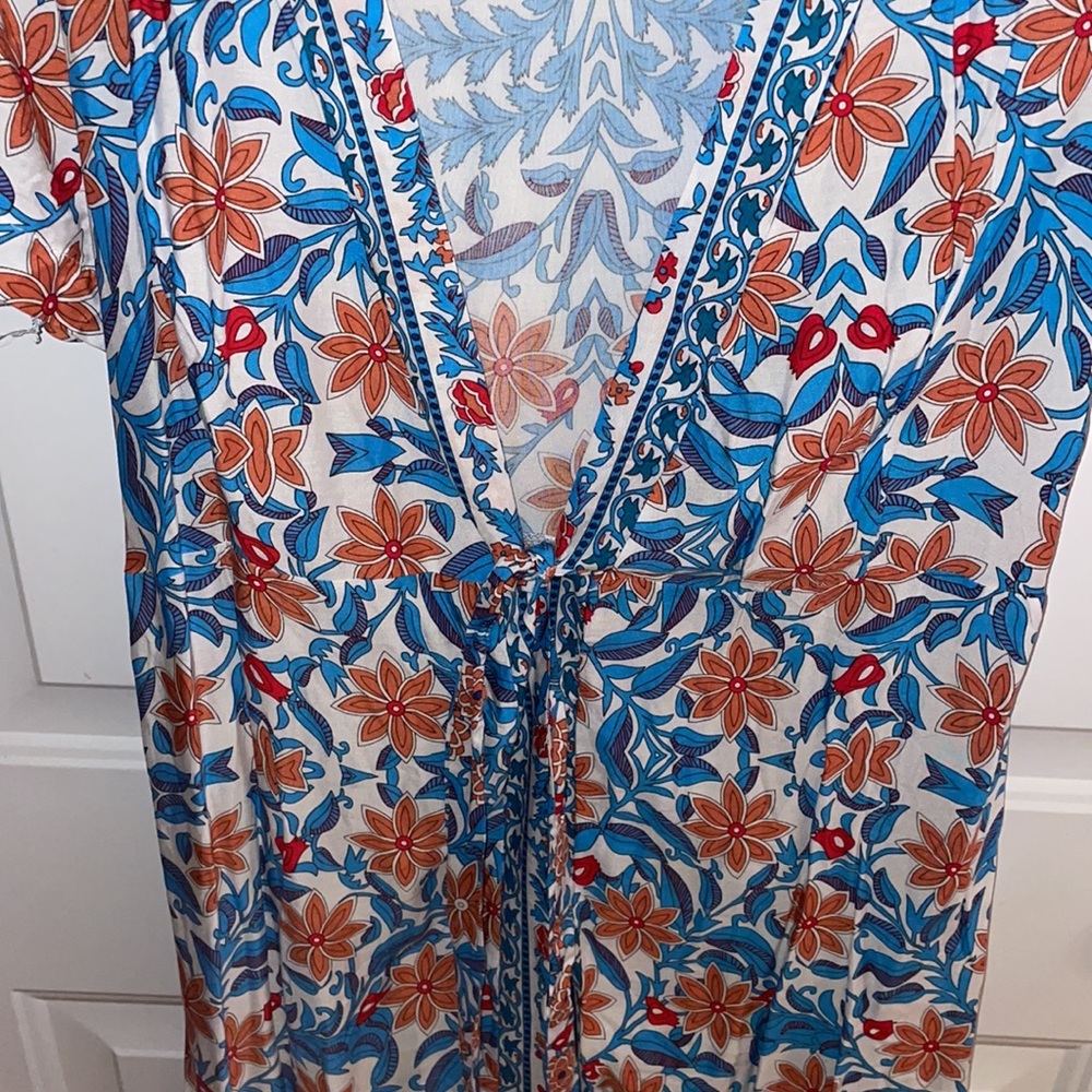 Bohemian Gypsy Floral Print Dress Tie Sleeve Slit - Picture 15 of 15